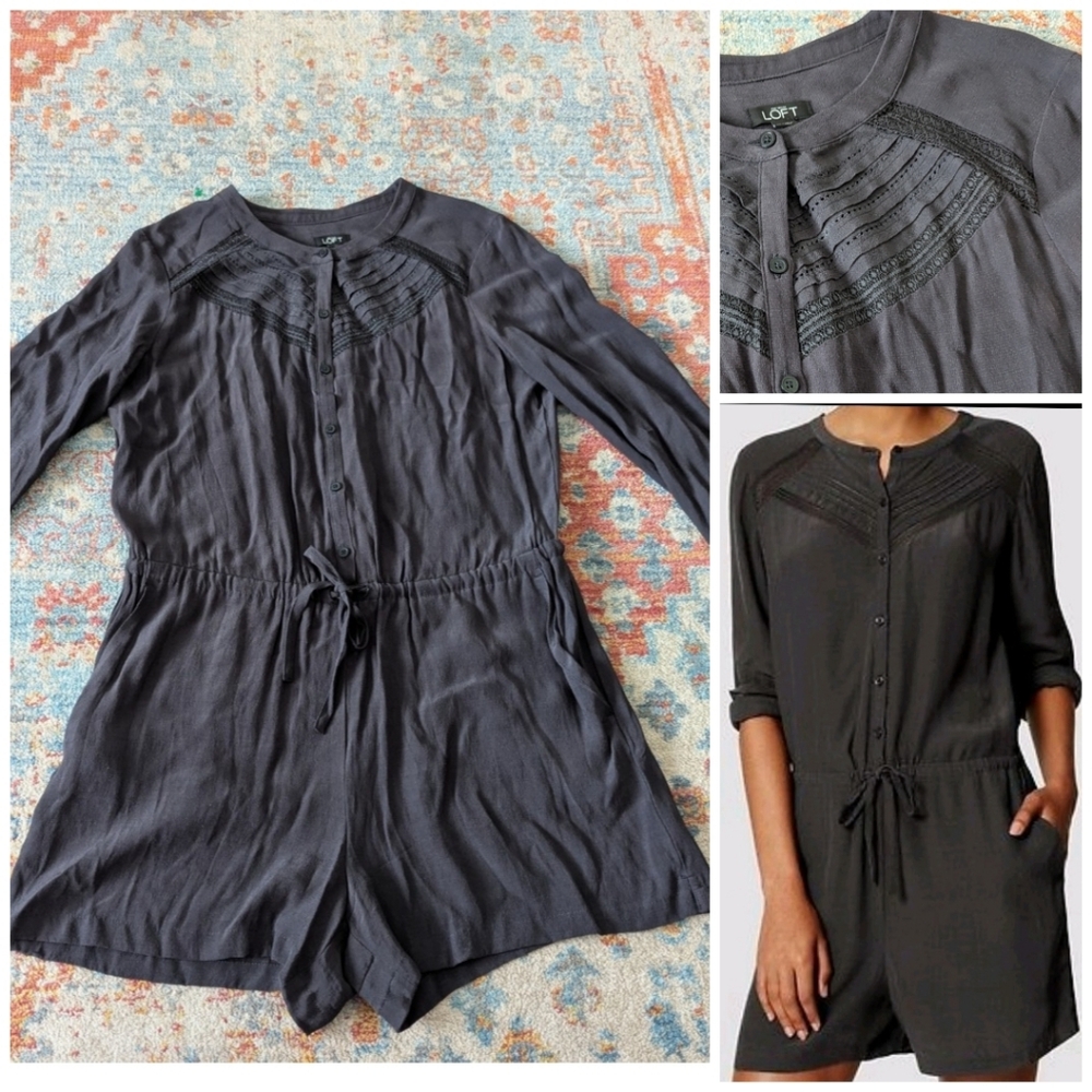 Ann Taylor LOFT Women's Medium Charcoal Gray Pleated Lace Yoke Lacy Romper 157
